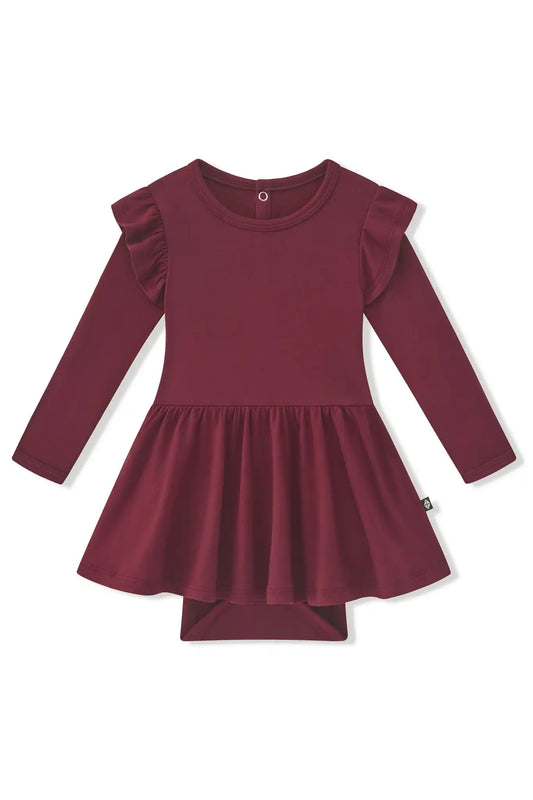 Long Sleeve Twirl Bodysuit Dress in Burgundy
