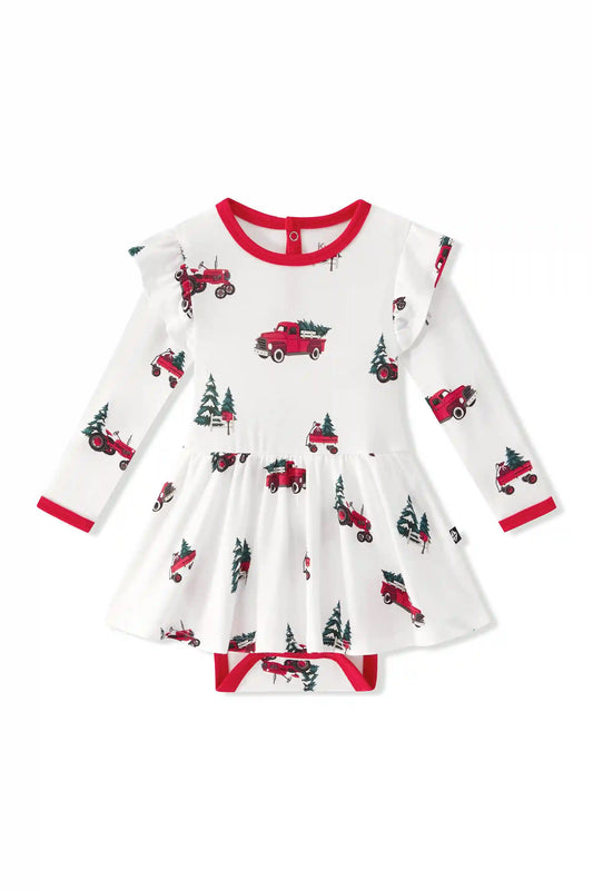 Long Sleeve Twirl Bodysuit Dress in Holiday Tree Farm