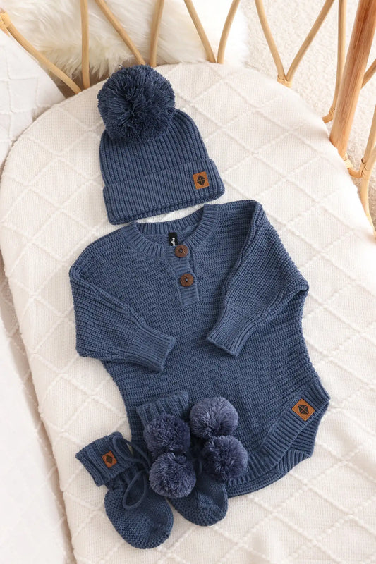 Chunky Knit Romper Set with Beanie & Booties in Oxford