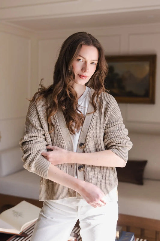 Chunky Knit Women's Cropped Cardigan in Almond
