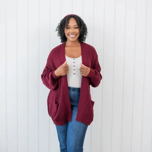 Chunky Knit Women's Oversized Cardigan in Burgundy