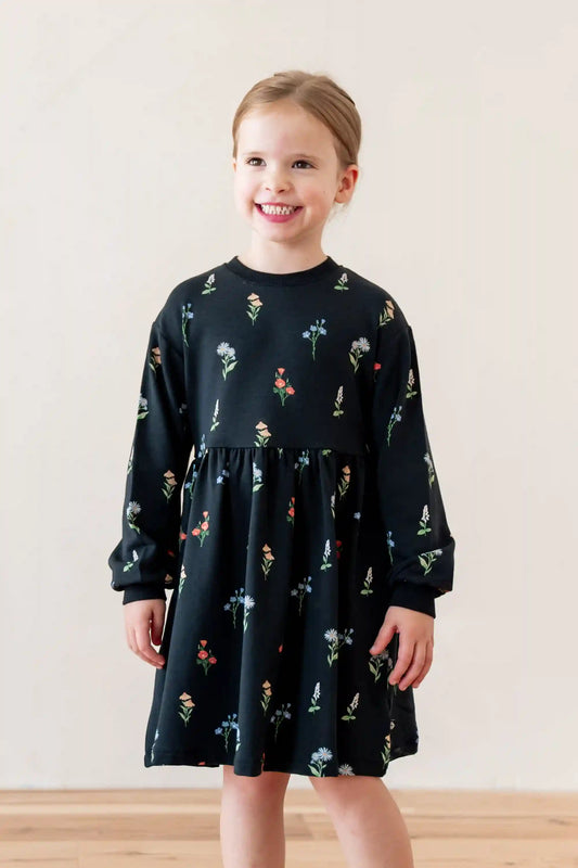 Long Sleeve Skater Dress in Midnight Wildflower