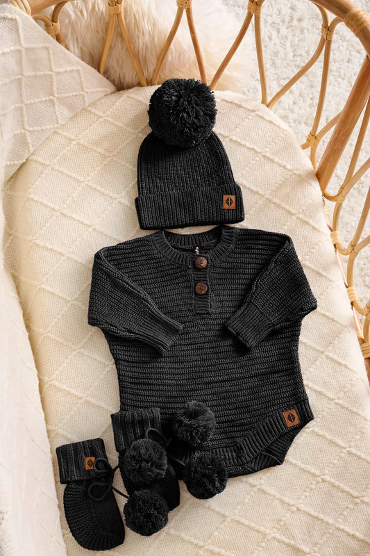 Chunky Knit Romper Set with Beanie & Booties in Midnight