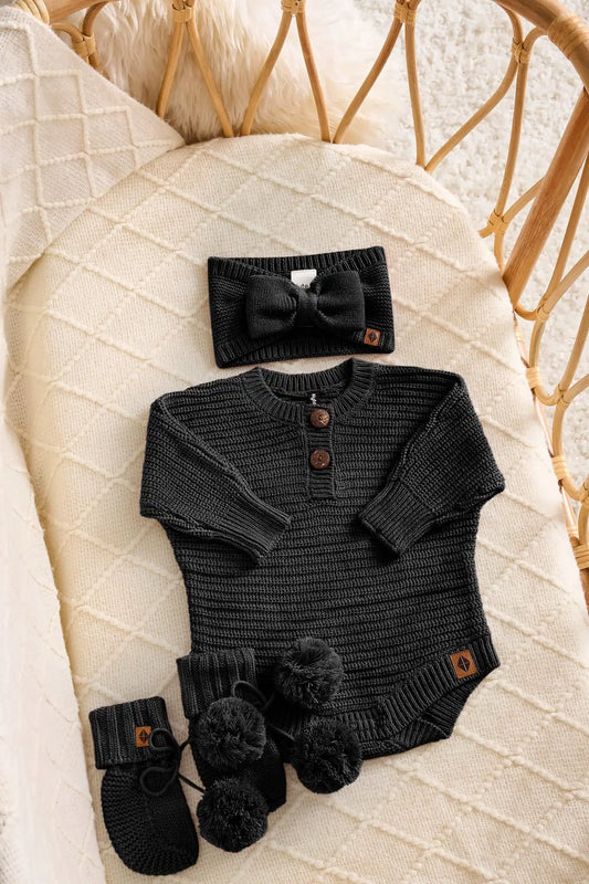 Chunky Knit Romper Set with Bow & Booties in Midnight
