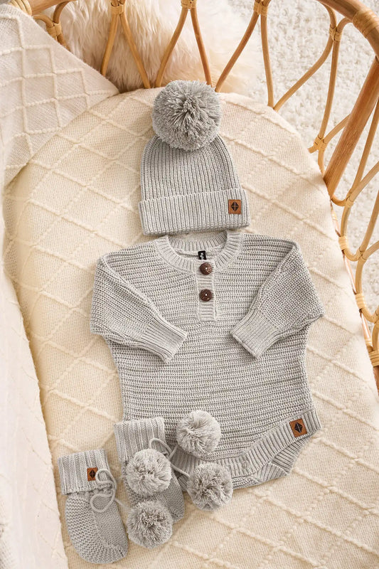 Chunky Knit Romper Set with Beanie & Booties in Oat