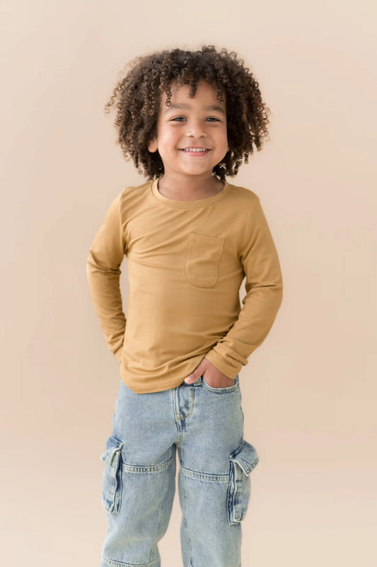 Long Sleeve Toddler Crew Neck Tee in Ochre