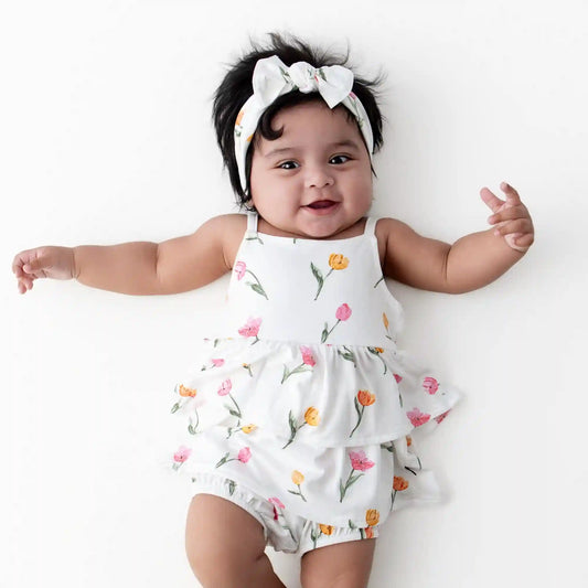 Spaghetti Strap Ruffle Romper in Tulip