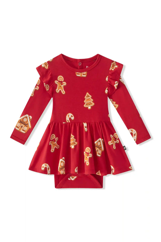 Long Sleeve Twirl Bodysuit Dress in Gingerbread