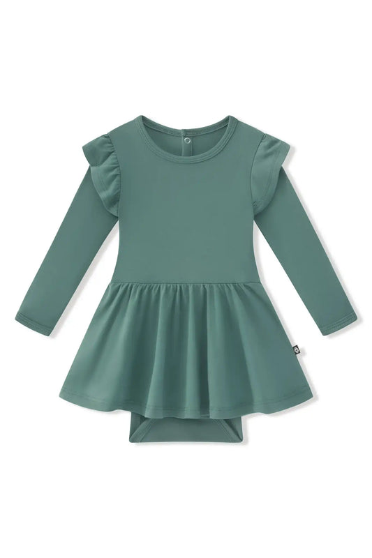 Long Sleeve Twirl Bodysuit Dress in Pine
