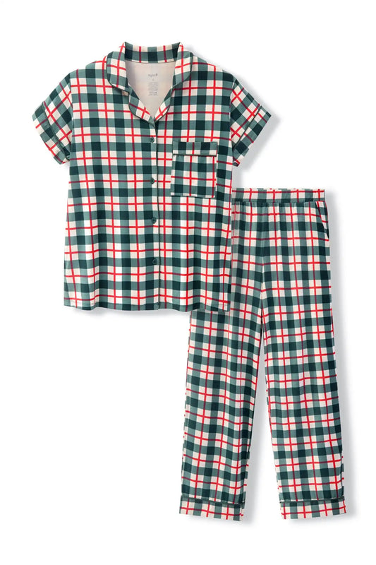 Women's Short Sleeve Cropped Pajama Set in Holiday Plaid