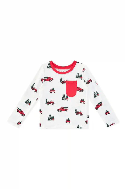 Long Sleeve Toddler Crew Neck Tee in Holiday Tree Farm