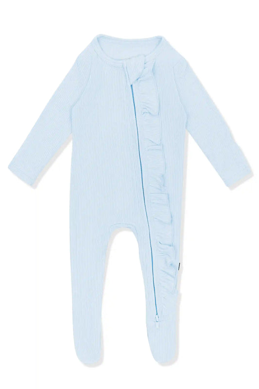 Ribbed Ruffle Zipper Footie in Breeze