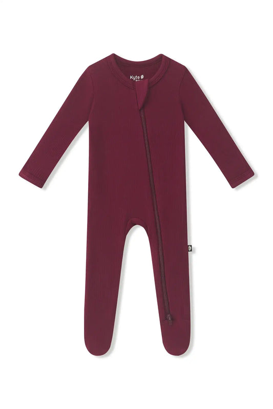 Ribbed Zipper Footie in Burgundy