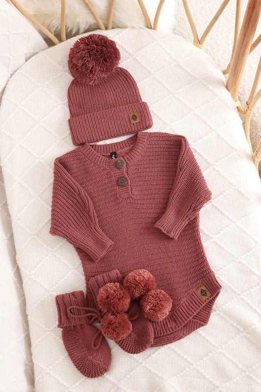 Chunky Knit Romper Set with Beanie & Booties in Ember