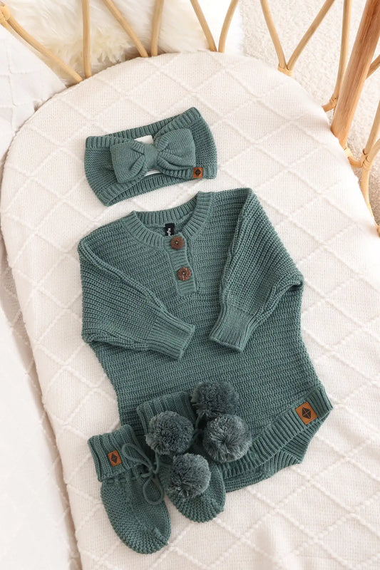Chunky Knit Romper Set with Bow & Booties in Pine