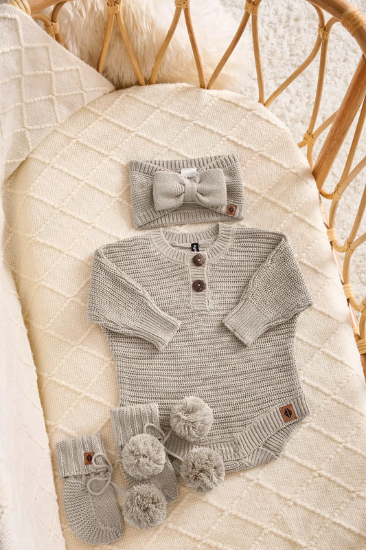 Chunky Knit Romper Set with Bow & Booties in Almond