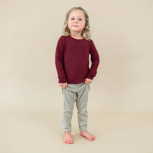 Long Sleeve Toddler Crew Neck Tee in Burgundy