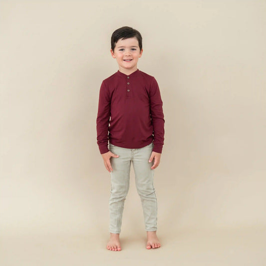 Long Sleeve Toddler Henley Tee in Burgundy