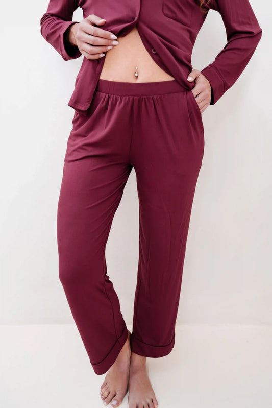 Long-Sleeved Women's Pajama Set in Burgundy with Burgundy Trim