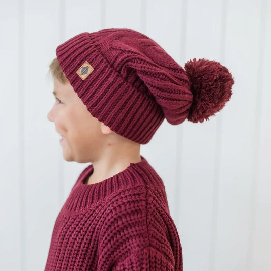 Chunky Cable Knit Beanie in Burgundy