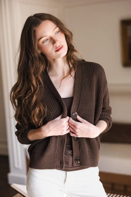 Chunky Knit Women's Cropped Cardigan in Espresso