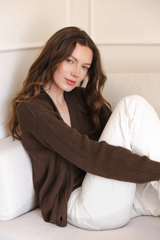 Chunky Knit Women's Cropped Cardigan in Espresso
