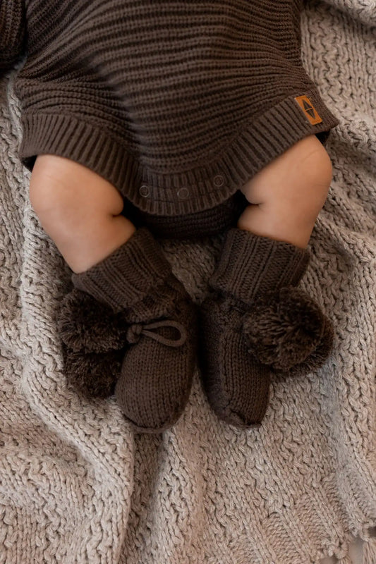 Chunky Knit Romper Set with Bow & Booties in Espresso