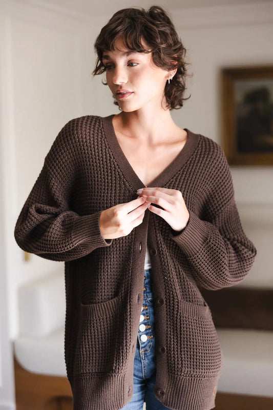 Chunky Knit Women's Waffle Cardigan in Espresso