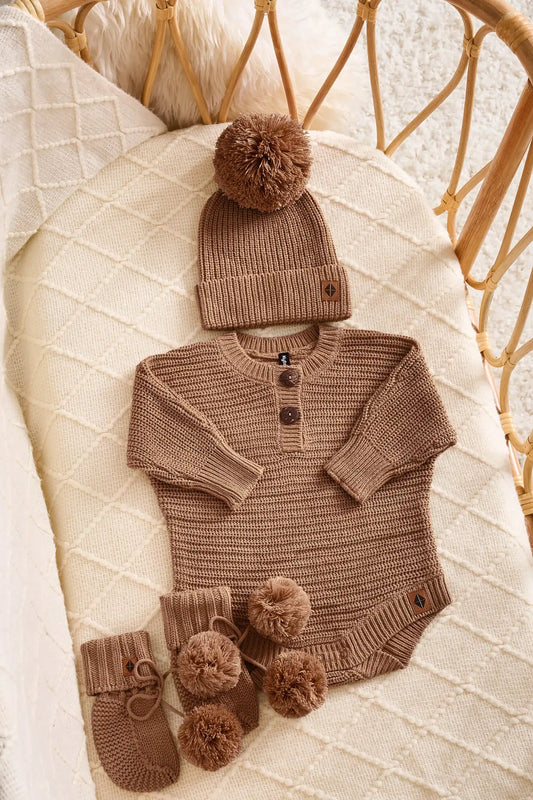 Chunky Knit Romper Set with Beanie & Booties in Latte