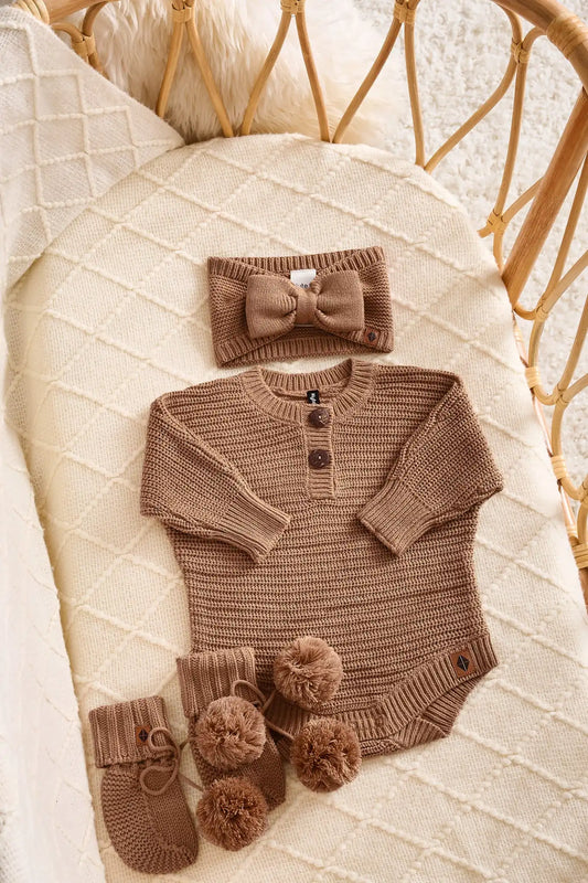Chunky Knit Romper Set with Bow & Booties in Latte