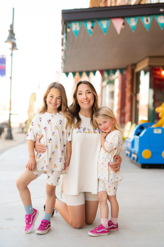 Women’s Biker Short Set in Mickey and Friends on Ecru