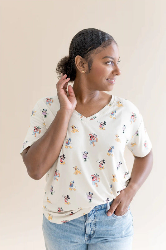 Women's Oversized V-Neck Tee in Mickey Mouse and Friends