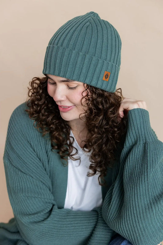 Chunky Knit Adult Ribbed Beanie in Pine
