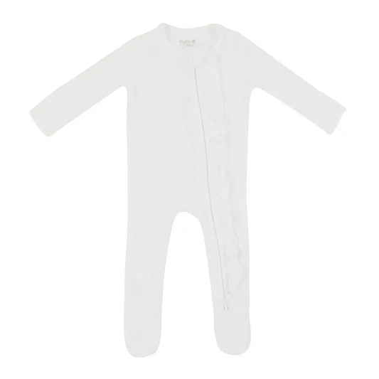 Ribbed Ruffle Zipper Footie in Cloud