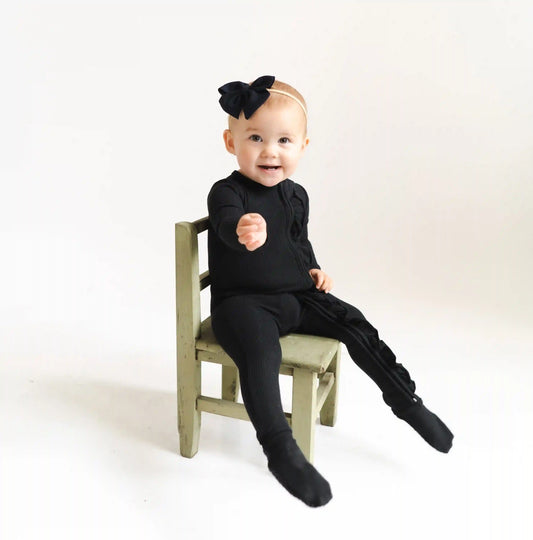 Ribbed Ruffle Zipper Footie in Midnight